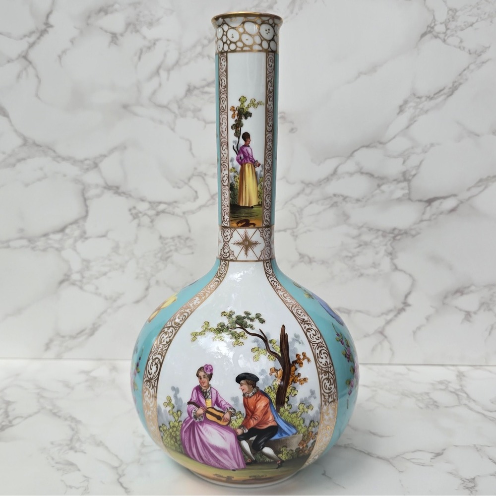 Antique Dresden Porcelain Bottle Vase Helena Wolfsohn Attrib Hand Painted 12in